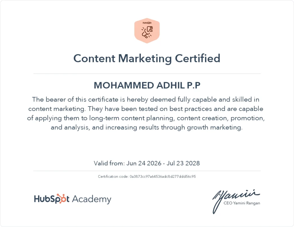 HubSpot Content Marketing certificate earned by a freelance digital marketing expert in Dubai showcasing professional content marketing skills.