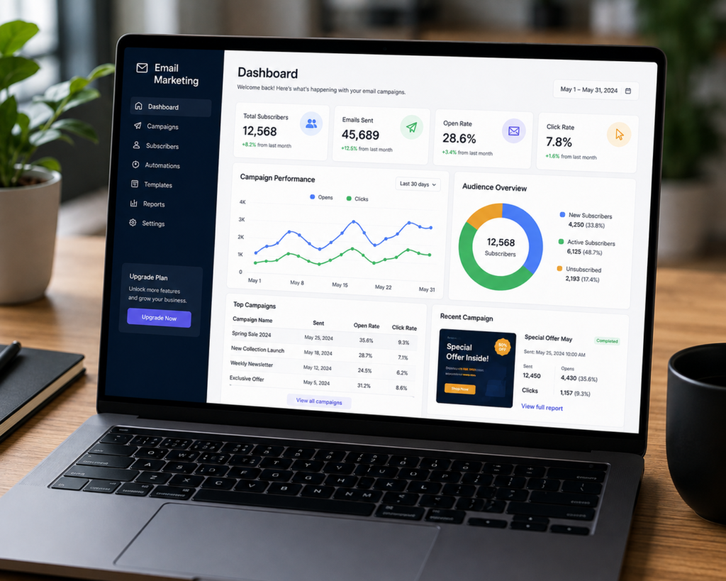 Laptop displaying an email marketing dashboard created by a freelance digital marketing expert in Dubai.